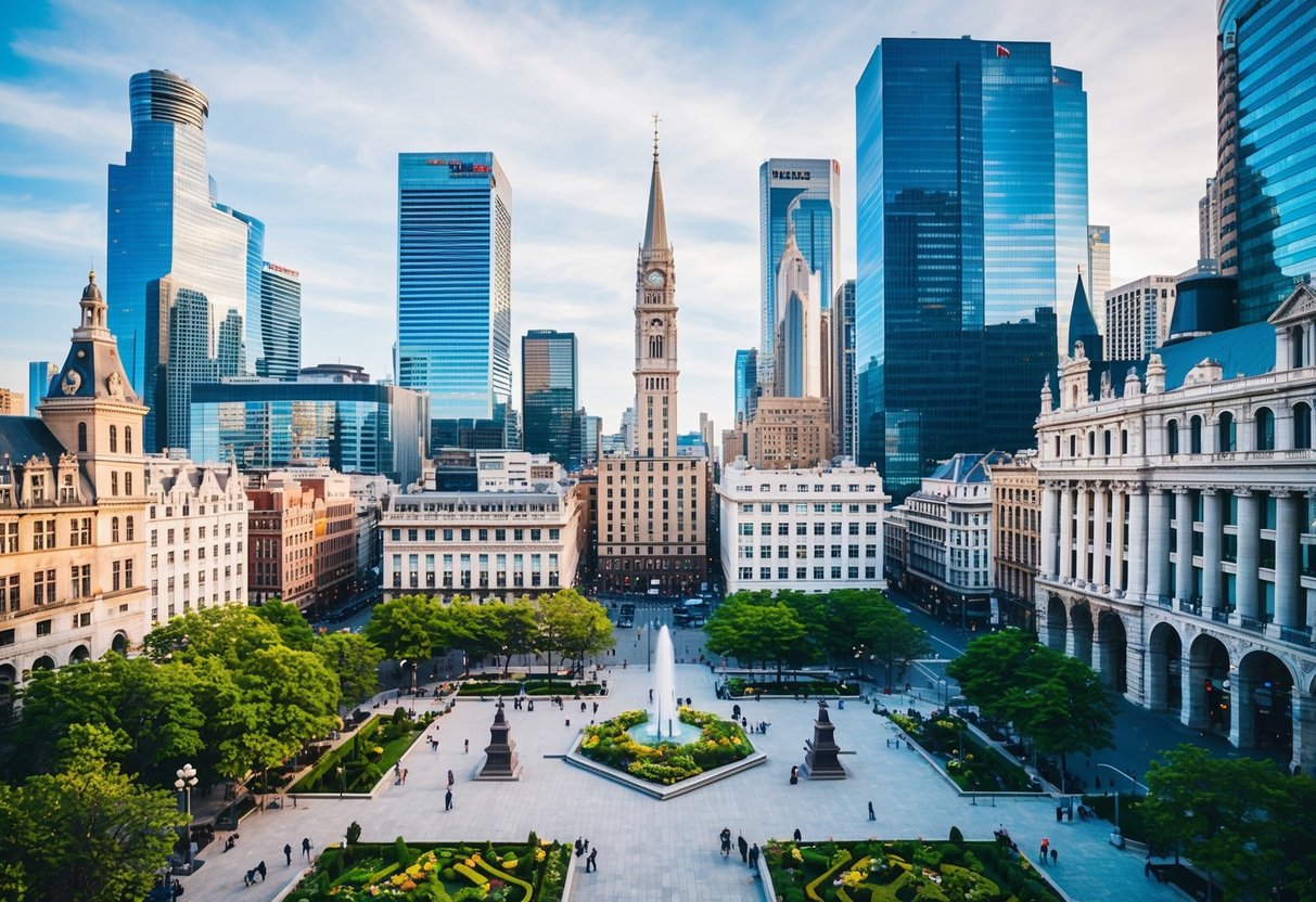 A bustling city square surrounded by towering skyscrapers and lush greenery, with a mix of modern and historic architecture creating a captivating backdrop for engagement photos