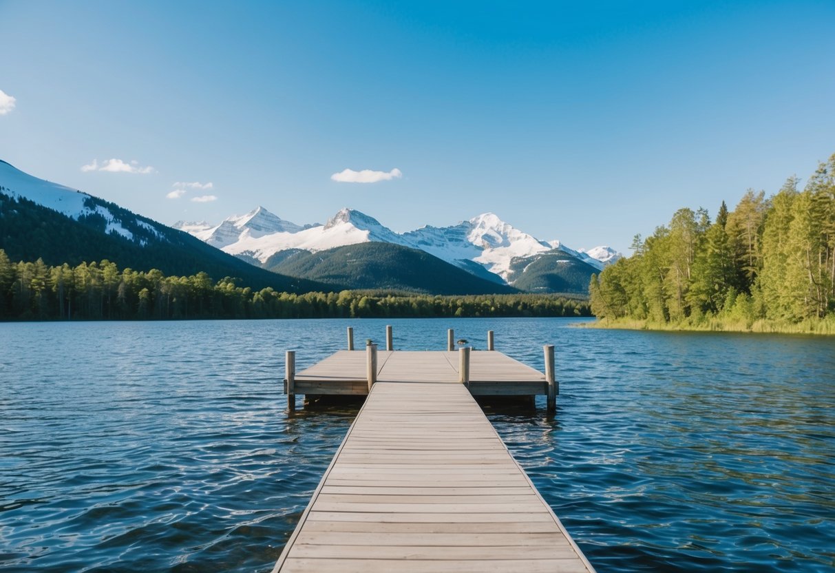 A serene lakeside with a backdrop of snow-capped mountains and lush greenery. A wooden dock stretches out over the water, creating a picturesque setting for engagement photos