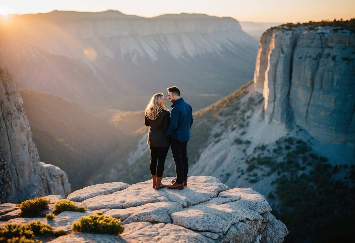 A couple stands on a rocky cliff overlooking a vast, rugged landscape. The sun sets behind them, casting a warm glow over the scene