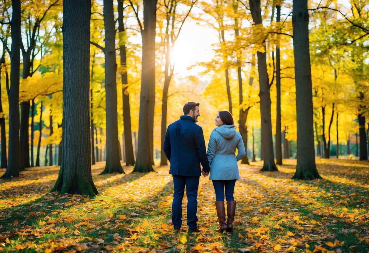 A couple stands in a colorful autumn forest, surrounded by fallen leaves and warm sunlight filtering through the trees