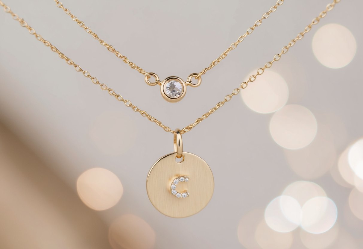 A delicate gold necklace with a personalized initial charm layered with a longer chain featuring a dainty gemstone pendant, creating an elegant and stylish look for an engagement photoshoot