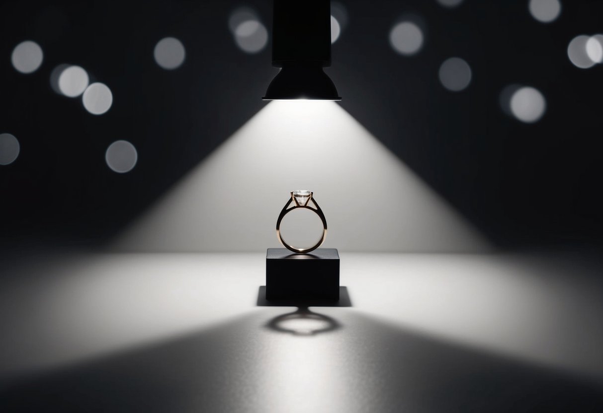 A single spotlight illuminates a ring on a pedestal, casting a dramatic shadow against a dark background
