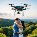 A drone hovers above a scenic outdoor location, capturing a couple in an intimate engagement shoot amidst lush greenery and picturesque landscapes