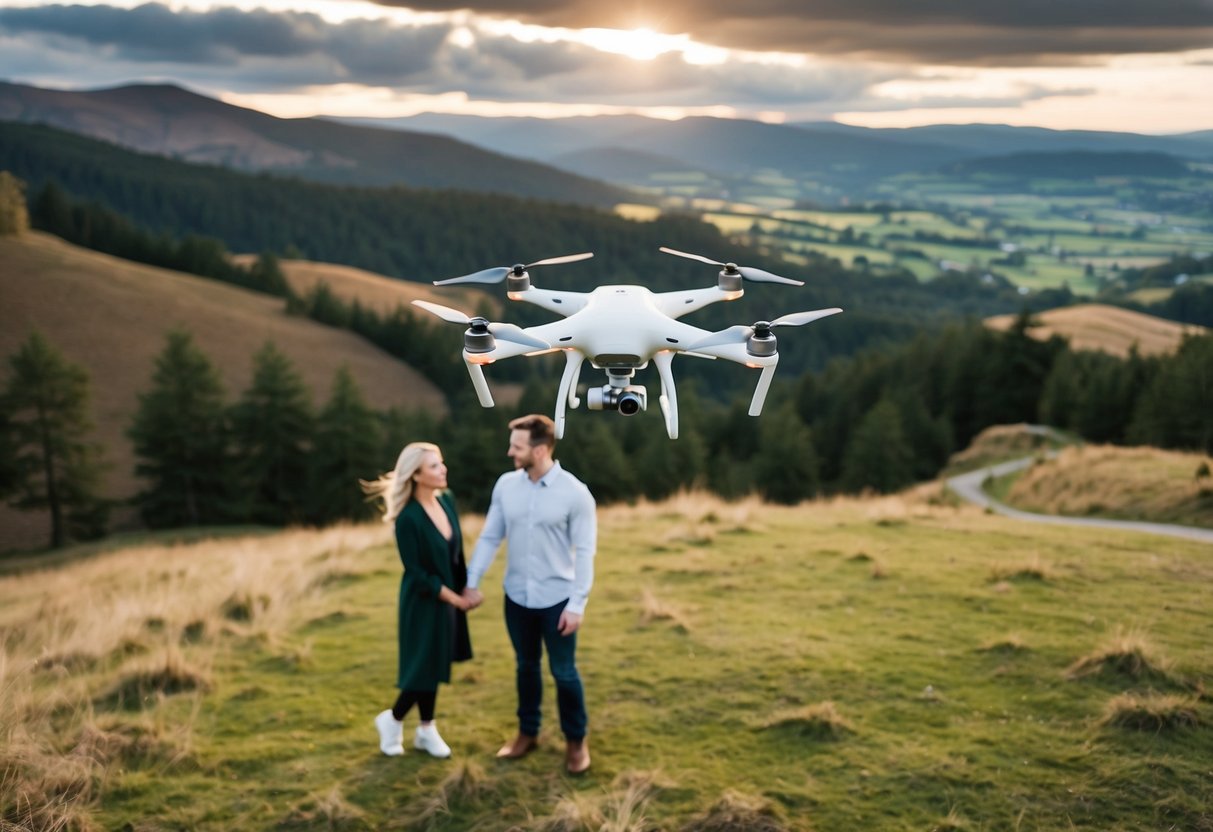 A drone hovers over a picturesque landscape, capturing an engagement shoot from above. The couple stands in a scenic location, surrounded by natural beauty