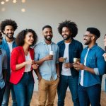 A group of diverse individuals stand casually, chatting and laughing, their body language relaxed and genuine, capturing the essence of natural and authentic posing for portraits