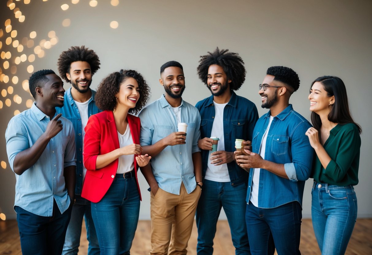 A group of diverse individuals stand casually, chatting and laughing, their body language relaxed and genuine, capturing the essence of natural and authentic posing for portraits