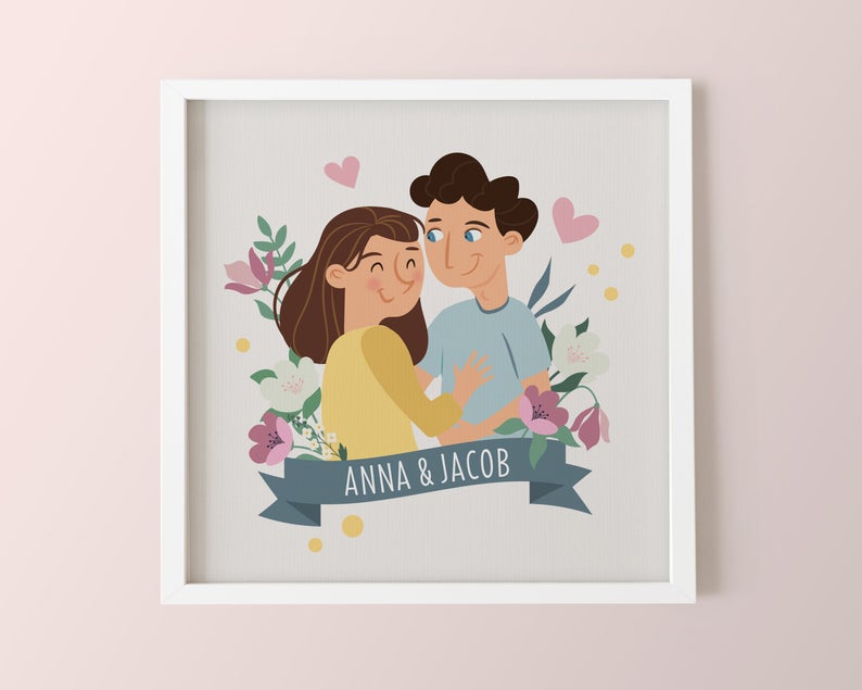 Custom illustration print gift ideas engaged couples or married couple